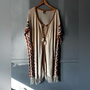 Idol Mind Boho Fringe Kaftan Tunic Aztec Trim Long S/M